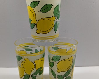 Set of 3 Anchor Hocking Etched Laurel Leaf Juice Glasses / Clear Vintage Flat Bottom / MCM