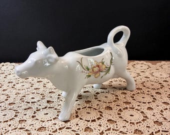 Jarra de crema con forma de vaca, blanca y floral, estilo vintage / Jarra de crema Cordon Bleu de mediados de siglo / Jarra de crema con forma de animal / Decoración de cocina rústica