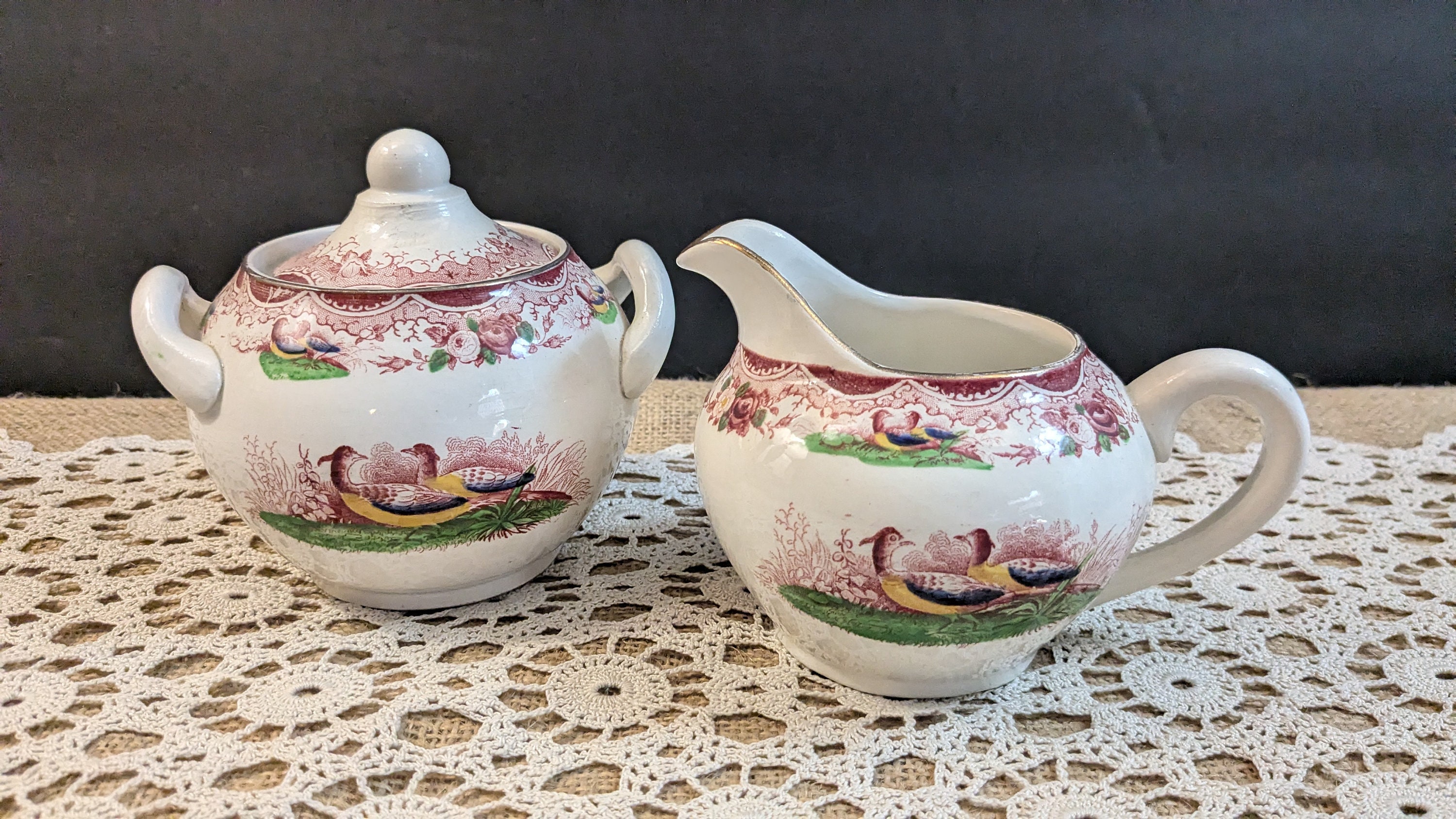 Antique PV France Creamer and Sugar Set: Hand Painted Quail Motif