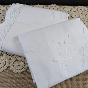 Vintage White Cotton Pillowcases with Crochet Trim - Cottage Bedding