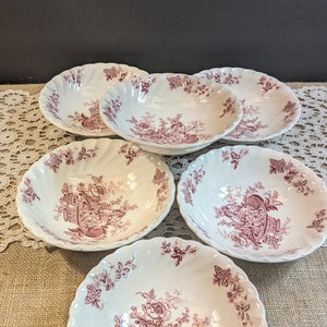 Six Vintage Red/Pink Floral 6&quot; Desert Bowls by Myott & Sons Co. / Farmhouse Decor / Salad Bowls