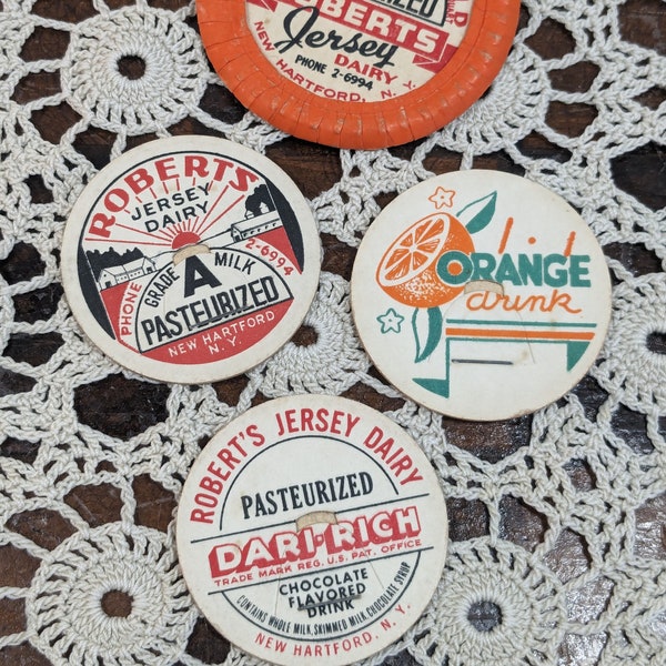 Four Vintage Carboard Milk Bottle Caps / Roberts Jersey Dairy and Orange Drink / Old bottle Decor / Bottle Cap Advertising