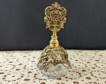 Frasco de perfume vintage MATSON com estampa floral de querubim em vidro bronze dourado e aplicador de spray / Frasco para penteadeira / Estilo Hollywood Regency
