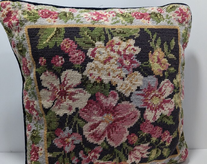Vintage Needlepoint Pillow With Insert / Blue Velvet Pastel Floral