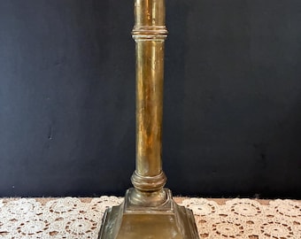Antique Early Georgian English Brass Square Solid Heavy  Candlestick / Columnar Candlestick
