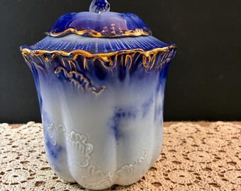Barattolo per biscotti/contenitore per tè antico in ceramica decorata con trasferimento blu Flow, Ironstone Staffordshire