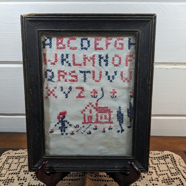 Vintage Alphabet Sampler / Needlepoint Embroidery Handmade Framed Sampler / Farmhouse Primitive Decor