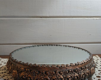 Antique Round Large 10" Vanity Beveled Glass Footed Dresser Mirror / Tray Stand / Footed Victorian Mirror