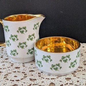 Vintage Arklow Shamrock gräddkanna och sockerskålsset: Irländskt porslin med guldkant