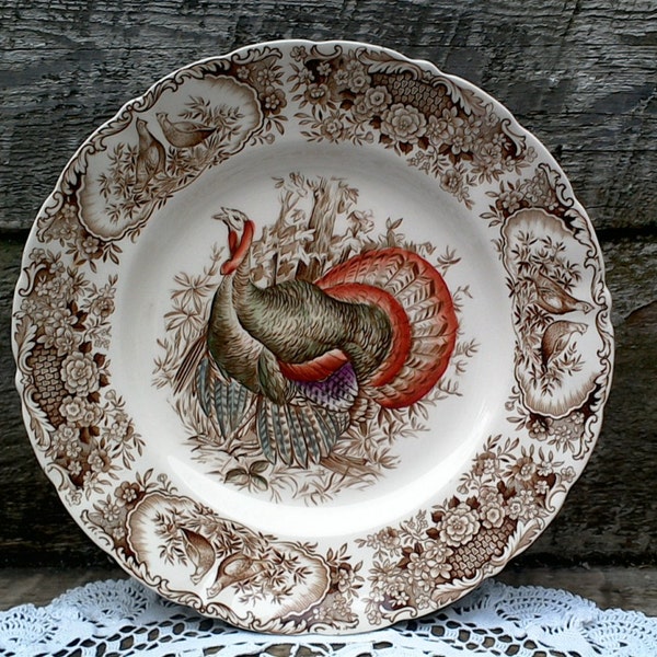RESERVED - 15 TURKEY PLATES, Johnson Brothers Wild Turkey Dinner Plate, Windsor Ware Native American Dinner Plate, 10 5/8", English