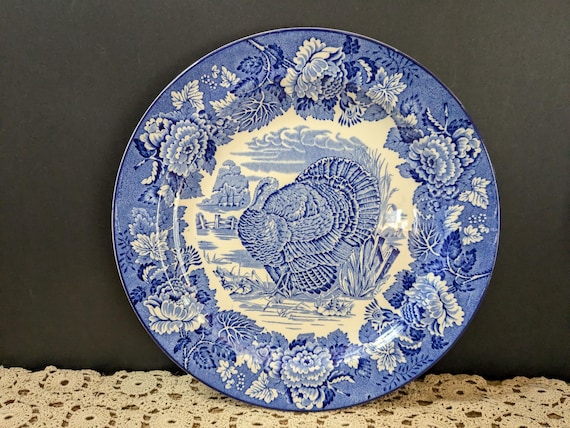 Woods Burslem Turkey Dinner Plate, Blue Transferware, 10