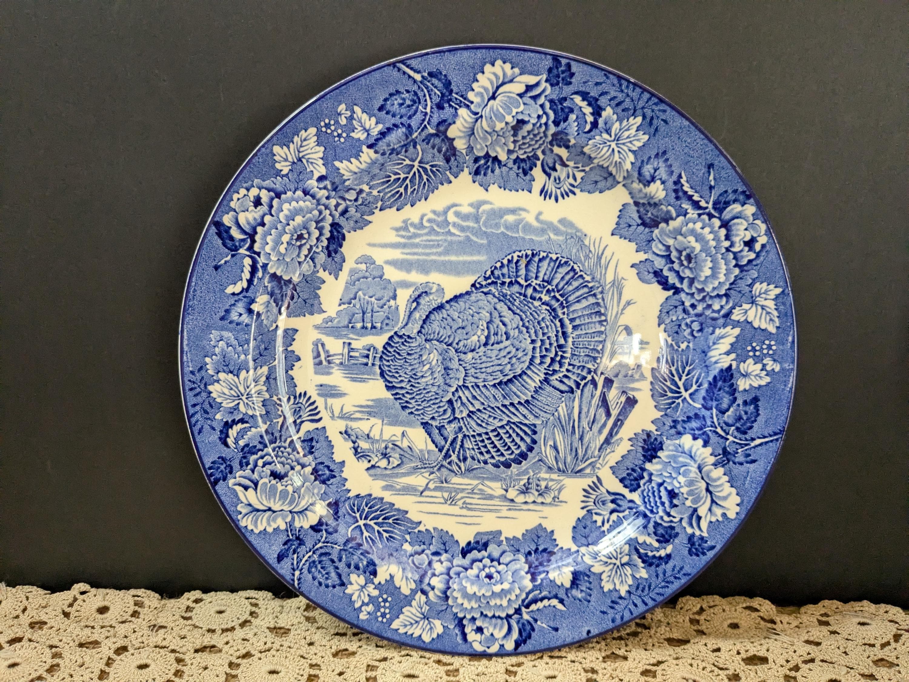 Woods Burslem Turkey Dinner Plate, Blue Transferware, 10
