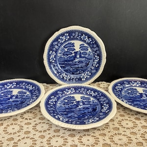 Antique Set of 4 Copeland Spode Tower 7 3/4&quot; Plates / Blue Transferware / English Dinnerware