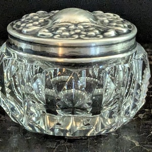 19th Century Sterling Silver Embossed Lidded Glass Vanity Dresser Jar / Pill Jar / #2