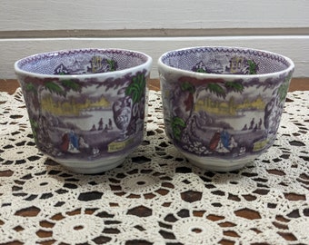 Wedgwood Purple Transferware Henkellose Tassen aus Eisenstein / Cafe au Lait Tassen / Polychrome Floral 1847 Dessertbecher - Eierbecher - Teetassen