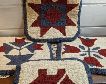 Vintage Set of 4 Hand Hooked Rug Chair Pads / Star, House, Tulips, flowers / Red White Blue Hand Hooked Mats / Wall Art / Farmhouse Decor