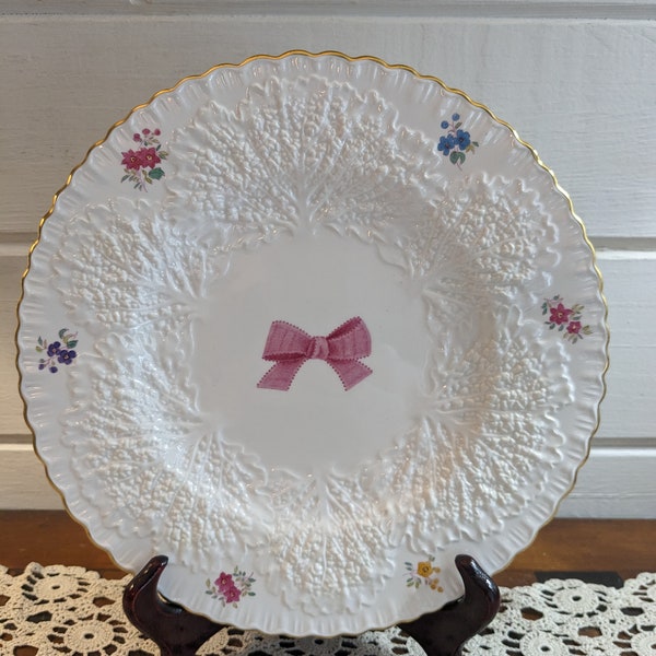 Vintage Copeland Spode 10 1/2" Plate, Embossed White on White, Bow and Flowers, Gold Trimmed