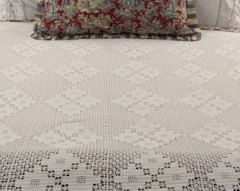 Antique Crocheted Coverlet / Tablecloth 88" x 88" / Wedding Gift / Bridal Gift / Victorian Linens / Beige Taupe