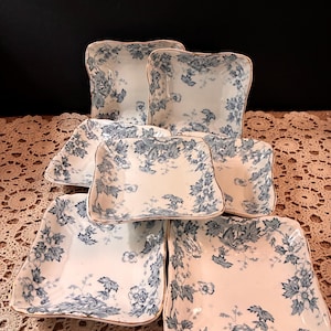 Seven Antique Blue and White Square Dishes / John Maddock & Sons, Royal Vitreous / English Transferware