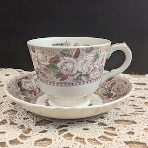 RARE Antique Purple Ridgways Oriental Demitasse Tea Cup and Saucer Set / Purple Transferware Tea Cup Set