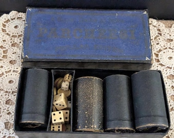 Antique 1918 Parchessi Game Parts with Dice, Counters and Box
