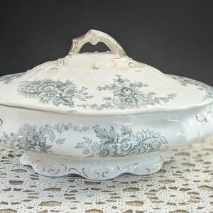 Antique White and Green Floral Ironstone Tureen / Mellor and CO., ASTOR Eturia Covered Dish