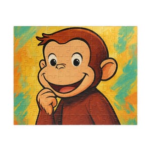 Puede incluir: Un rompecabezas con un mono de dibujos animados sonriente con pelaje marrón y una cara bronceada. El mono se toca la barbilla con la mano. El fondo tiene pinceladas amarillas, verdes y naranjas.