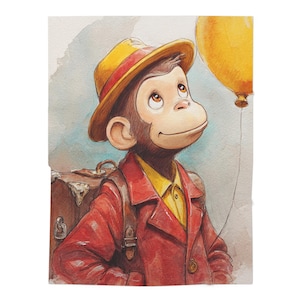 Könnte beinhalten: Aquarellillustration eines Affen mit gelbem Hut, rotem Mantel und gelbem Hemd, der einen gelben Ballon betrachtet. Der Affe hat einen braunen Koffer auf dem Rücken. Der Hintergrund ist eine hellblaue und weiße Aquarellwäsche.