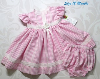 Pink Gingham Infant Dress with Diaper Cover: Swiss Lace, Size 12 Months