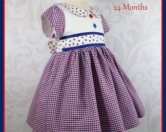 Infant Girl Patriotic Dress: Red White Blue Gingham, Nautical Collar (24 Months)