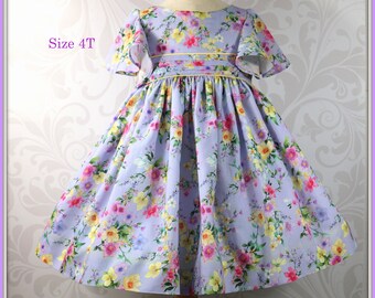 Toddler Girl Floral Dress: Size 4T Cotton Lawn Flutter Sleeve Party Dress