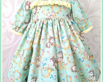 Vintage Inspired Infant Girl Dress: Bunnies & Flowers Print, 12 Months