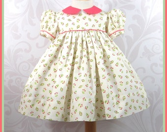 Baby Girl Dress, Spring Dress, Easter Dress, One of a Kind, Size 12 Months, Coral Cherry Print, Ready to Ship