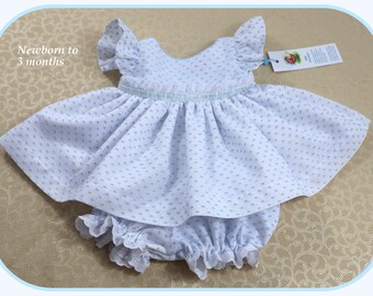 Dotted Swiss Baby Dress with Diaper Cover: Blue & White, Newborn to 3 Months