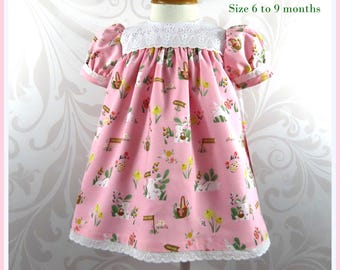 Vintage Inspired Infant Girl Apron Dress: Bunnies & Flowers, 6-9 Months