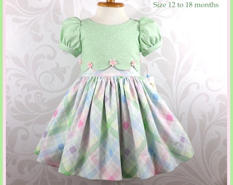 Infant Girl Party Dress: Pastel Polka Dot & Plaid, Scalloped Bodice (12-18 Months)