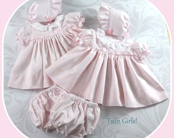 Twin Baby Girls 3 Piece Outfits: Pale Pink Shadow Stripe Cotton Lawn, Newborn Size