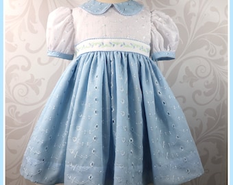 Vintage Inspired Broderie Anglaise Dress: Blue & White Eyelet Lace, 24 Months