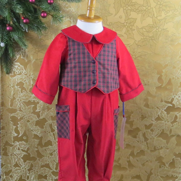 Baby Boy, Size 12 Months, Classic, One-Piece Romper in Red Corduroy and Tartan Plaid,  Handmade, Attached Vest, Christmas, Holiday, Warm