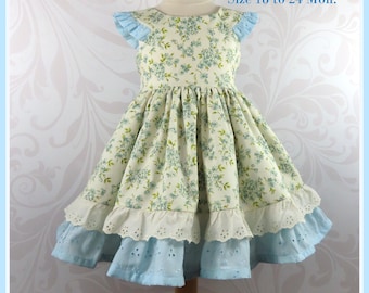 Infant Girl Floral Dress: Ecru & Blue Cotton, Ruffle Sleeves (18-24 Months)