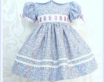 Heirloom Infant Girl Dress (9-12 Months): Blue Lavender Floral, Swiss Lace
