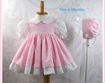 Infant Girl Pink Eyelet Dress and Bonnet Set - Size 6 Months
