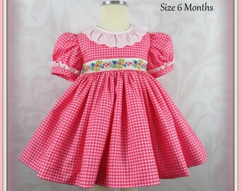 Infant Girl Dress, Size 6 Months, Coral Gingham, Eyelet Lace, Heirloom Quality, Baby Gift