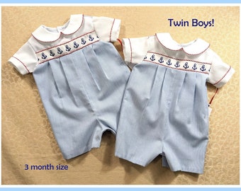 Twin Boy Rompers: Nautical 3-Month Outfits, Heirloom Quality