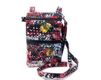 Chicago Blackhawks NHL Inspired Neck Pouch Phone Travel Case w/ Adj Strap, Wristlet or Caribiner Clip