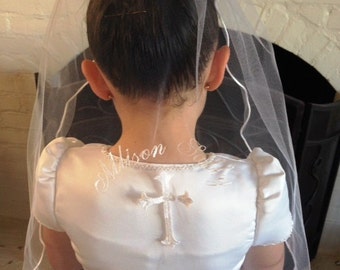 Crucifix Encircled Monogrammed First Communion Veil with Cord Edge