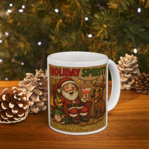 Lustige Weihnachtstasse Urlaubsgeist Sie Mean Rum Right Santa Cartoon Kaffeetasse Geschenk für Erwachsene Büro Party Mug Rentier Elf Humor
