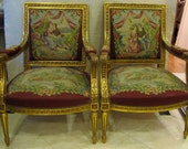 French Louis XV Style Chairs (a pair) 19th Century Hand Carved Gold Gilt Frame and Aubusson Wool Needlepoint Upholstery