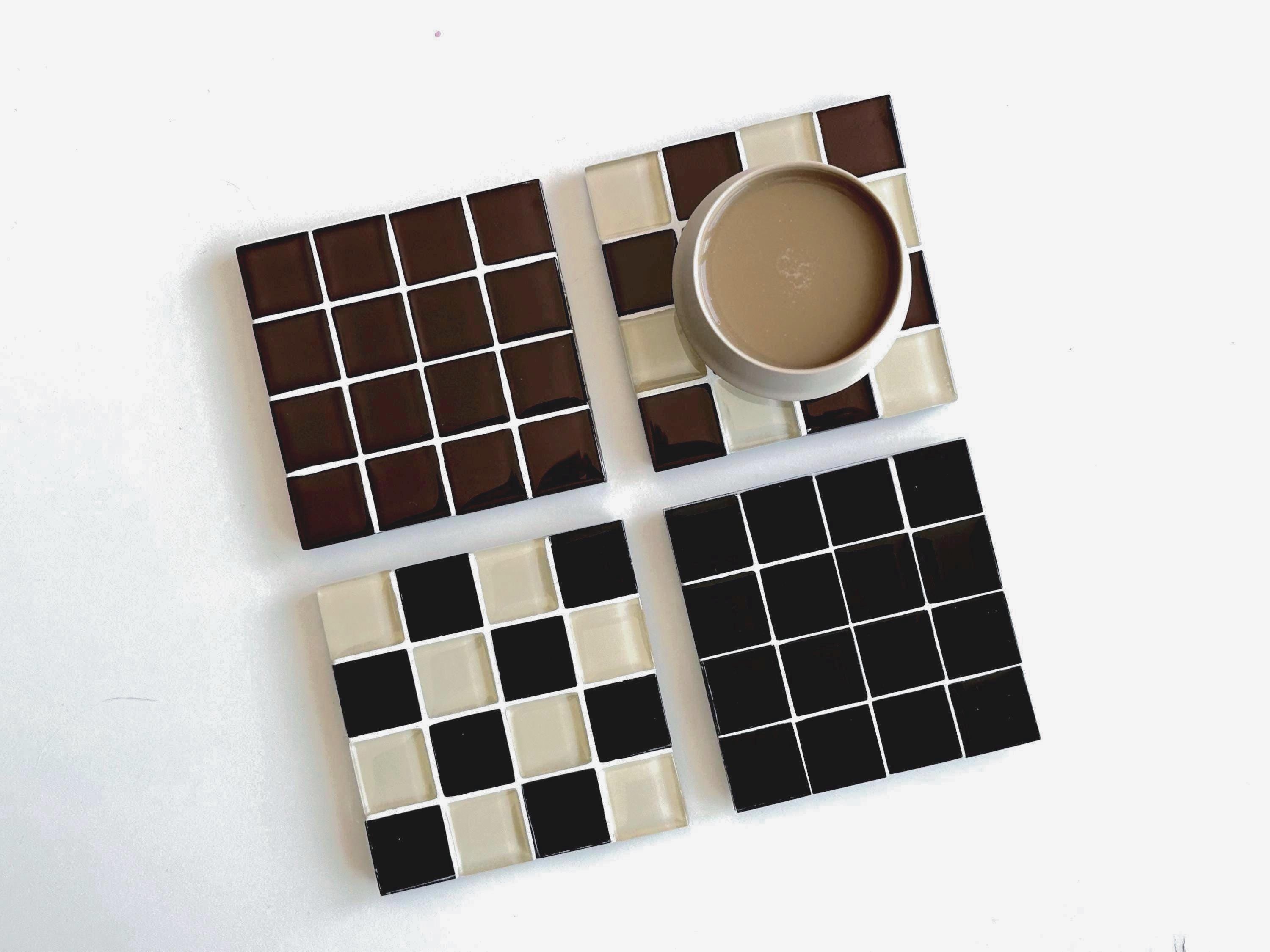Glass Tile Beverage Coaster – Office Desk Bar Decor Gift for Friend Teacher Hostess - Checkered Black, Brown, Bone