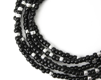 Black and Silver Seed Bead Necklace, Thin 2mm Single Strand Black and Silver Beaded Necklace